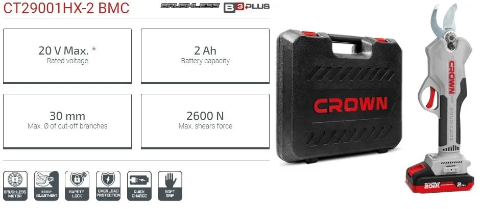 مقص افرع شجر كراون 30مم Sécateur électrique A BATTERIE 20 v CROWN – CT29001HX-2 BMC - الصورة 6